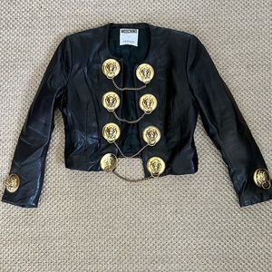 1989 Moschino Vintage Leather Jacket with Gold Lion Door Knockers and Chains